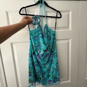MAJORELLE Turquoise Embellished Mini Dress